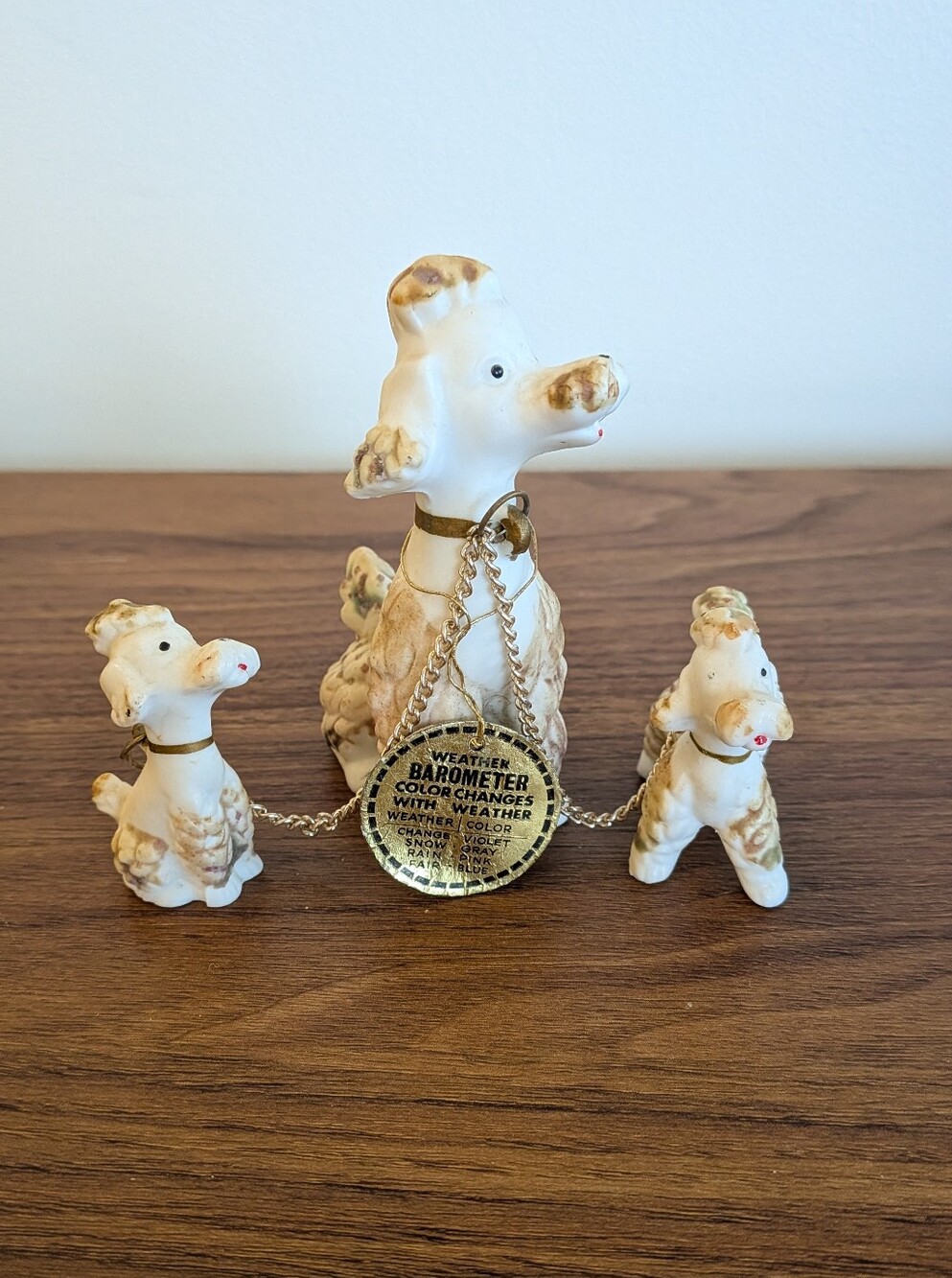 Vtg Magic Mitzi Weather Wise Poodle dog Figurine Set Mother & Puppies Chained
